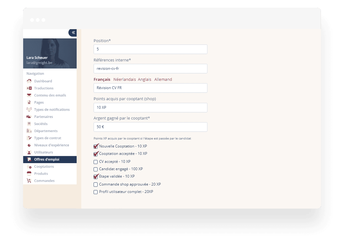 Gestion des étapes dans l'application Hunterz